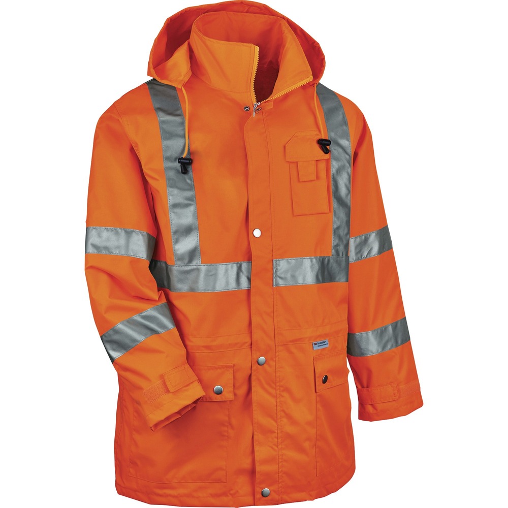 EGO24317 - 8365 Hi-Vis Rain Jacket offers waterproof, breathable protection against the elements. Vest is Type R, Class 3-and 3rd-party-approved for workers in high-traffic areas needing extra visibility. Made with a breathable, polyester shell and mesh lining that keeps water out, this rain jacket lets moisture escape to keep you cool and comfortable. The 2" 3M Scotchlite reflective tape on chest and arms heightens visibility at night or in low-light environments. Storm flap and button-snap closure prevent water from leaking through to the YKK No. 5 zipper. The inset hood, featuring a drawstring closure and stoppers for a close fit, reduces bulk when tucked away. Snap-flap closures safely store tools in pockets. Put your phone in its designated pocket. Rain jacket securely holds two radios with the stable mic tabs for convenient communication. This waterproof jacket offers comfortable protection against the elements for those working in road construction, utilities, and more.