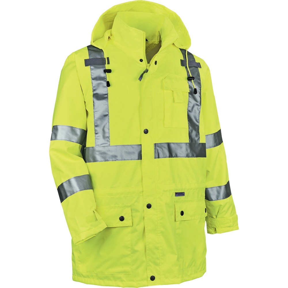 EGO24329 - 8365 Hi-Vis Rain Jacket offers waterproof, breathable protection against the elements. Vest is Type R, Class 3-and 3rd-party-approved for workers in high-traffic areas needing extra visibility. Made with a breathable, polyester shell and mesh lining that keeps water out, this rain jacket lets moisture escape to keep you cool and comfortable. The 2" 3M Scotchlite reflective tape on chest and arms heightens visibility at night or in low-light environments. Storm flap and button-snap closure prevent water from leaking through to the YKK No. 5 zipper. The inset hood, featuring a drawstring closure and stoppers for a close fit, reduces bulk when tucked away. Snap-flap closures safely store tools in pockets. Put your phone in its designated pocket. Rain jacket securely holds two radios with the stable mic tabs for convenient communication. This waterproof jacket offers comfortable protection against the elements for those working in road construction, utilities, and more.