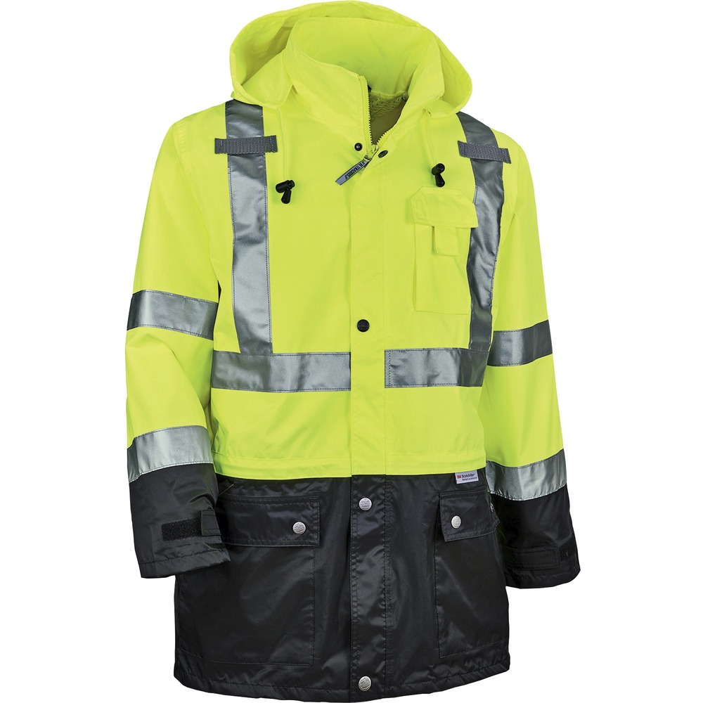 EGO25323 - 8365BK Hi-Vis Black Bottom Rain Jacket offers waterproof, breathable protection against the elements. Vest is Type R, Class 3-and 3rd-party-approved for workers in high-traffic areas needing extra protection. Made with a polyester shell and mesh lining that keeps water out, this rain jacket helps moisture escape to keep you cool and comfortable. The 2" 3M Scotchlite reflective tape on chest and arms heightens visibility in low-light environments. Look clean with black panels on front and arms that hide dirt. Storm flap and button-snap closure prevent water from leaking through to the YKK No. 5 zipper. The inset hood, featuring a drawstring closure and stoppers for a close fit, reduces bulk when tucked away. Snap-flap closures safely store items in pockets. Put your phone in its designated pocket. It securely holds two radios with the stable mic tabs. Rain jacket is great protection against the elements for those working in road construction, utilities and more.