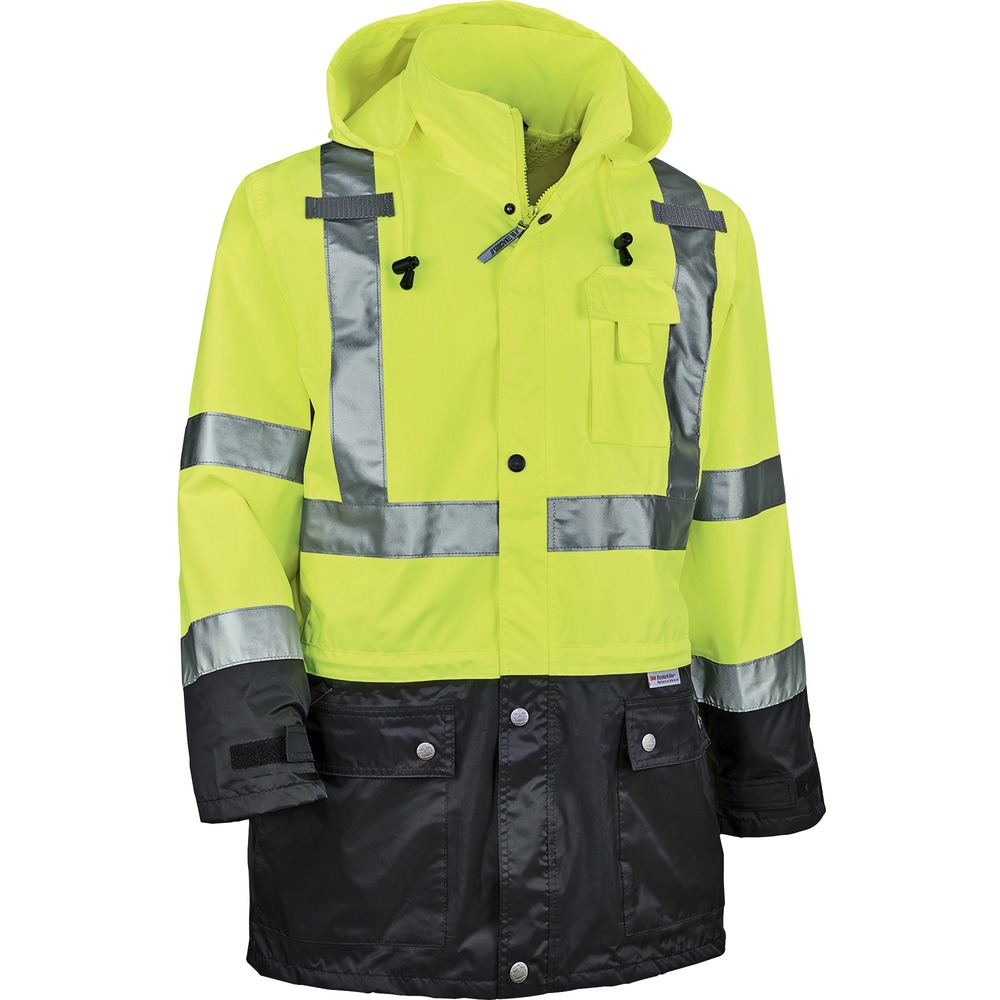 EGO25328 - 8365BK Hi-Vis Black Bottom Rain Jacket offers waterproof, breathable protection against the elements. Vest is Type R, Class 3-and 3rd-party-approved for workers in high-traffic areas needing extra protection. Made with a polyester shell and mesh lining that keeps water out, this rain jacket helps moisture escape to keep you cool and comfortable. The 2" 3M Scotchlite reflective tape on chest and arms heightens visibility in low-light environments. Look clean with black panels on front and arms that hide dirt. Storm flap and button-snap closure prevent water from leaking through to the YKK No. 5 zipper. The inset hood, featuring a drawstring closure and stoppers for a close fit, reduces bulk when tucked away. Snap-flap closures safely store items in pockets. Put your phone in its designated pocket. It securely holds two radios with the stable mic tabs. Rain jacket is great protection against the elements for those working in road construction, utilities and more.