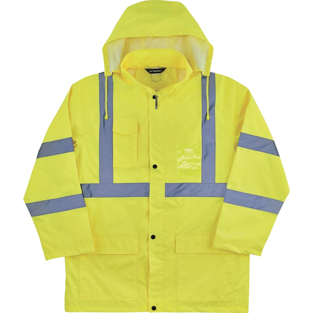 EGO24332 - Made with 150D polyester oxford with a polyurethane (PU) coating, this 8366 Hi-Vis Lightweight Rain Jacket is designed with waterproof materials and fully taped seams for reliable protection from the elements. Seams are bonded to the jacket to keep water from sneaking in while a vented cape-back allows heat and moisture to escape for breathability. Vest is Type R, Class 3-and 3rd-party-approved for workers in high-traffic areas needing extra visibility. The 2" 3M Scotchlite reflective tape on chest and arms heightens visibility at night. Tuck away the drawstring hood when not using to avoid bulk. Comfortably customize wrist cuffs with the hook-and-loop closures. Snap-flap closures safely store items in pockets. Jacket also features a bonus pocket for a phone and clear ID badge holder. Rain jacket is great protection against the elements for those working in road construction, utilities and more. Complete outfit with GloWear 8916 Lightweight Hi-Vis Rain Pants.