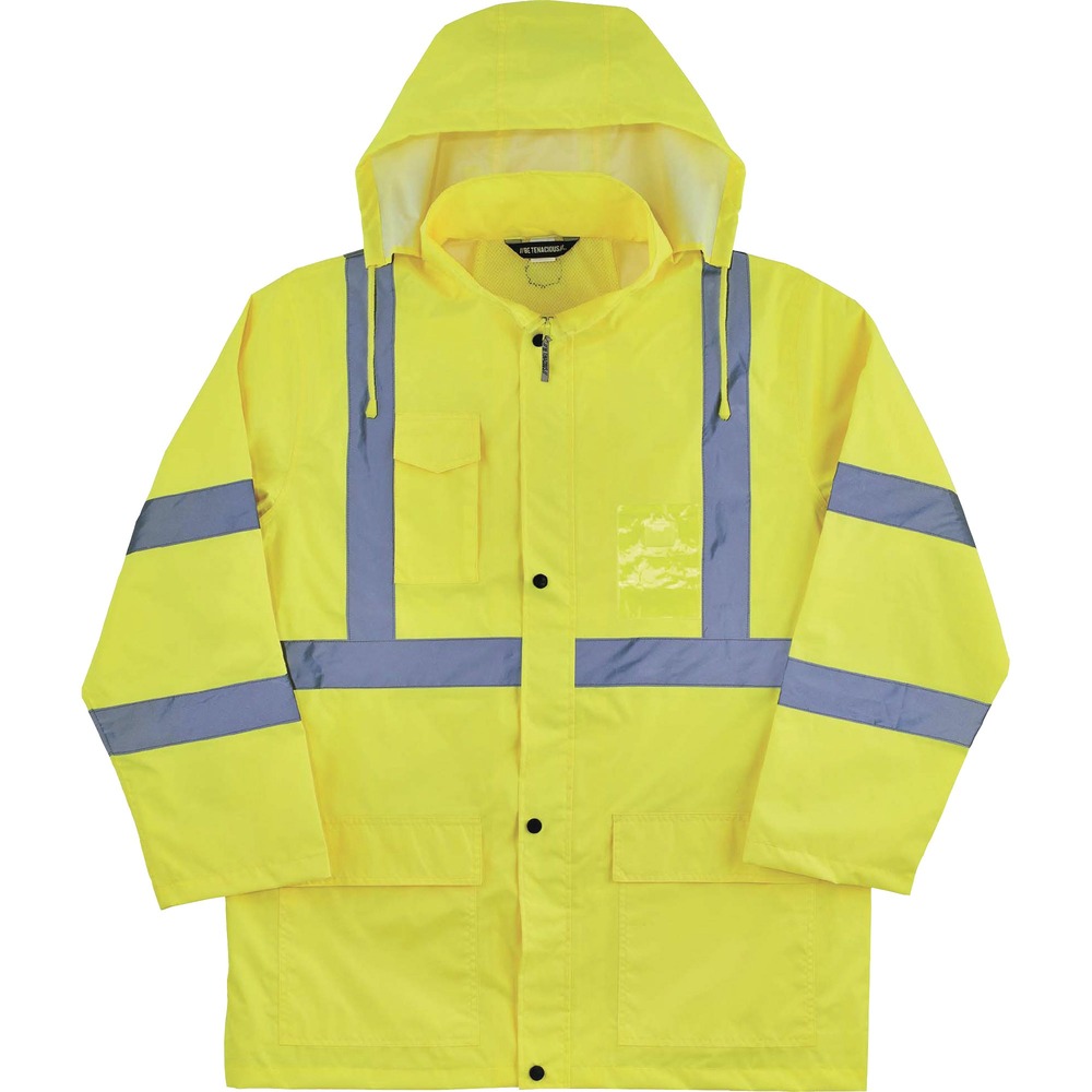 EGO24333 - Made with 150D polyester oxford with a polyurethane (PU) coating, this 8366 Hi-Vis Lightweight Rain Jacket is designed with waterproof materials and fully taped seams for reliable protection from the elements. Seams are bonded to the jacket to keep water from sneaking in while a vented cape-back allows heat and moisture to escape for breathability. Vest is Type R, Class 3-and 3rd-party-approved for workers in high-traffic areas needing extra visibility. The 2" 3M Scotchlite reflective tape on chest and arms heightens visibility at night. Tuck away the drawstring hood when not using to avoid bulk. Comfortably customize wrist cuffs with the hook-and-loop closures. Snap-flap closures safely store items in pockets. Jacket also features a bonus pocket for a phone and clear ID badge holder. Rain jacket is great protection against the elements for those working in road construction, utilities and more. Complete outfit with GloWear 8916 Lightweight Hi-Vis Rain Pants.