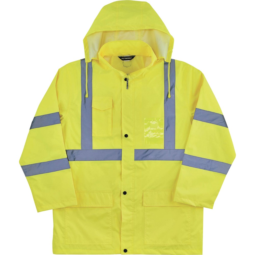 EGO24334 - Made with 150D polyester oxford with a polyurethane (PU) coating, this 8366 Hi-Vis Lightweight Rain Jacket is designed with waterproof materials and fully taped seams for reliable protection from the elements. Seams are bonded to the jacket to keep water from sneaking in while a vented cape-back allows heat and moisture to escape for breathability. Vest is Type R, Class 3-and 3rd-party-approved for workers in high-traffic areas needing extra visibility. The 2" 3M Scotchlite reflective tape on chest and arms heightens visibility at night. Tuck away the drawstring hood when not using to avoid bulk. Comfortably customize wrist cuffs with the hook-and-loop closures. Snap-flap closures safely store items in pockets. Jacket also features a bonus pocket for a phone and clear ID badge holder. Rain jacket is great protection against the elements for those working in road construction, utilities and more. Complete outfit with GloWear 8916 Lightweight Hi-Vis Rain Pants.