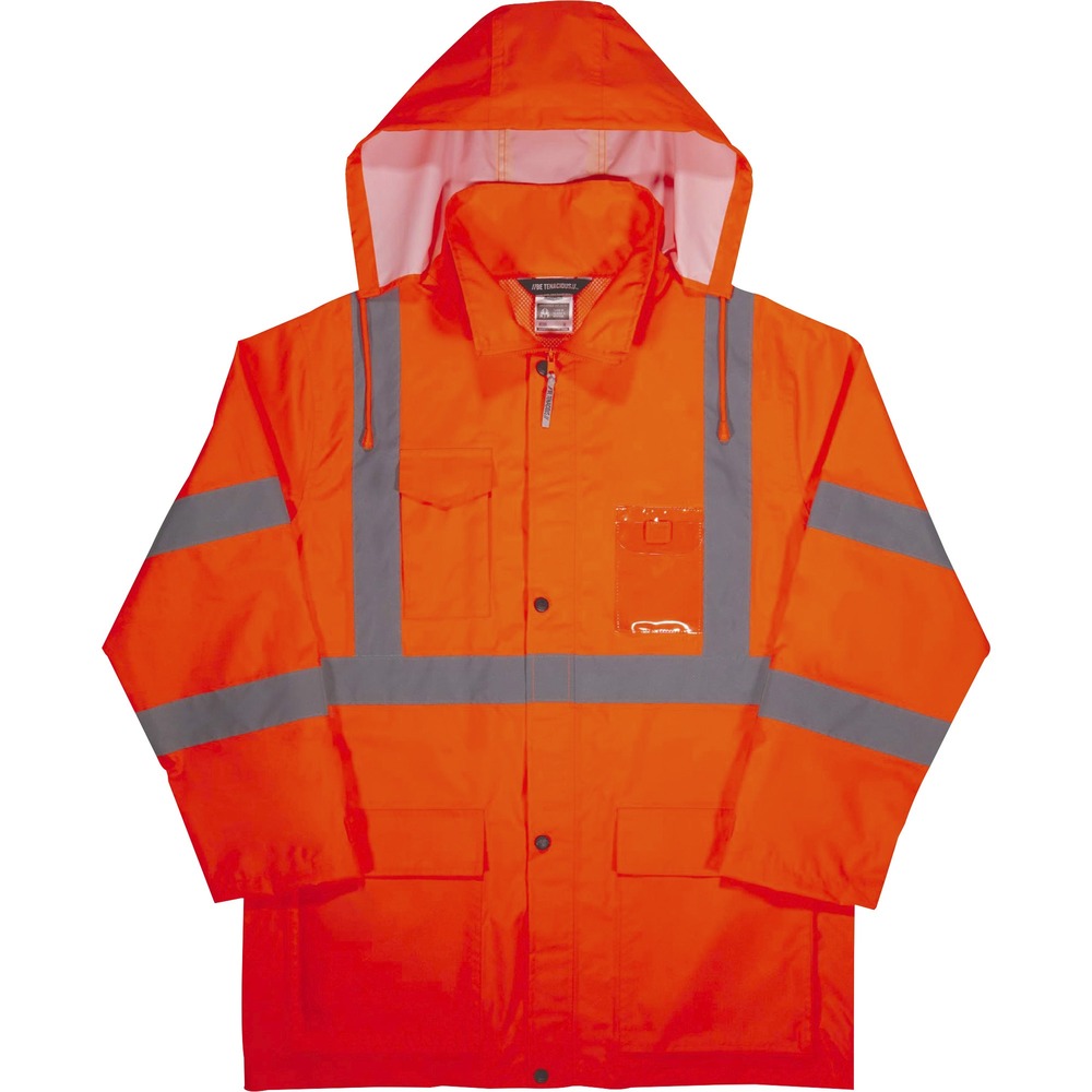 EGO24362 - Made with 150D polyester oxford with a polyurethane (PU) coating, this 8366 Hi-Vis Lightweight Rain Jacket is designed with waterproof materials and fully taped seams for reliable protection from the elements. Seams are bonded to the jacket to keep water from sneaking in while a vented cape-back allows heat and moisture to escape for breathability. Vest is Type R, Class 3-and 3rd-party-approved for workers in high-traffic areas needing extra visibility. The 2" 3M Scotchlite reflective tape on chest and arms heightens visibility at night. Tuck away the drawstring hood when not using to avoid bulk. Comfortably customize wrist cuffs with the hook-and-loop closures. Snap-flap closures safely store items in pockets. Jacket also features a bonus pocket for a phone and clear ID badge holder. Rain jacket is great protection against the elements for those working in road construction, utilities and more. Complete outfit with GloWear 8916 Lightweight Hi-Vis Rain Pants.