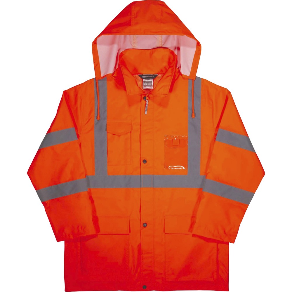 EGO24363 - Made with 150D polyester oxford with a polyurethane (PU) coating, this 8366 Hi-Vis Lightweight Rain Jacket is designed with waterproof materials and fully taped seams for reliable protection from the elements. Seams are bonded to the jacket to keep water from sneaking in while a vented cape-back allows heat and moisture to escape for breathability. Vest is Type R, Class 3-and 3rd-party-approved for workers in high-traffic areas needing extra visibility. The 2" 3M Scotchlite reflective tape on chest and arms heightens visibility at night. Tuck away the drawstring hood when not using to avoid bulk. Comfortably customize wrist cuffs with the hook-and-loop closures. Snap-flap closures safely store items in pockets. Jacket also features a bonus pocket for a phone and clear ID badge holder. Rain jacket is great protection against the elements for those working in road construction, utilities and more. Complete outfit with GloWear 8916 Lightweight Hi-Vis Rain Pants.