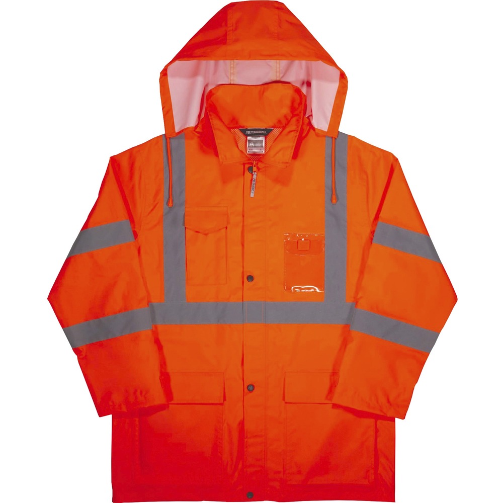 EGO24365 - Made with 150D polyester oxford with a polyurethane (PU) coating, this 8366 Hi-Vis Lightweight Rain Jacket is designed with waterproof materials and fully taped seams for reliable protection from the elements. Seams are bonded to the jacket to keep water from sneaking in while a vented cape-back allows heat and moisture to escape for breathability. Vest is Type R, Class 3-and 3rd-party-approved for workers in high-traffic areas needing extra visibility. The 2" 3M Scotchlite reflective tape on chest and arms heightens visibility at night. Tuck away the drawstring hood when not using to avoid bulk. Comfortably customize wrist cuffs with the hook-and-loop closures. Snap-flap closures safely store items in pockets. Jacket also features a bonus pocket for a phone and clear ID badge holder. Rain jacket is great protection against the elements for those working in road construction, utilities and more. Complete outfit with GloWear 8916 Lightweight Hi-Vis Rain Pants.