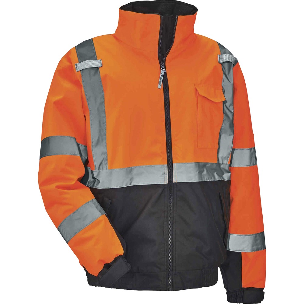 EGO25613 - Made with waterproof, polyester outer shell and PU coating, the 8377 Hi-Vis Thermal Bomber Jacket reliably protects against the elements for dry, all-day comfort. Quilted insulation (160 g) maintains warmth and eliminates extra bulk. Jacket is Type R, Class 3 and 3rd-party-approved for workers in high-traffic areas needing extra visibility with more fluorescent background. The 2" 3M Scotchlite reflective tape on chest and arms heightens visibility in low-light environments. Two outside pockets hold gear such as gloves, pens, notepads and more. Separate chest pocket holds a phone and a dual slot for pens. This jacket securely carries two radios with the stable mic tabs. Zip away the drawstring hood when not using to reduce bulk. Zipper closure provides quick, on/off movement without snagging. Look clean with black panels on front and arms that hide dirt. This high-visibility clothing is perfect for construction, transportation and more.