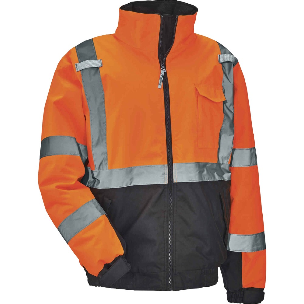 EGO25618 - Made with waterproof, polyester outer shell and PU coating, the 8377 Hi-Vis Thermal Bomber Jacket reliably protects against the elements for dry, all-day comfort. Quilted insulation (160 g) maintains warmth and eliminates extra bulk. Jacket is Type R, Class 3 and 3rd-party-approved for workers in high-traffic areas needing extra visibility with more fluorescent background. The 2" 3M Scotchlite reflective tape on chest and arms heightens visibility in low-light environments. Two outside pockets hold gear such as gloves, pens, notepads and more. Separate chest pocket holds a phone and a dual slot for pens. This jacket securely carries two radios with the stable mic tabs. Zip away the drawstring hood when not using to reduce bulk. Zipper closure provides quick, on/off movement without snagging. Look clean with black panels on front and arms that hide dirt. This high-visibility clothing is perfect for construction, transportation and more.