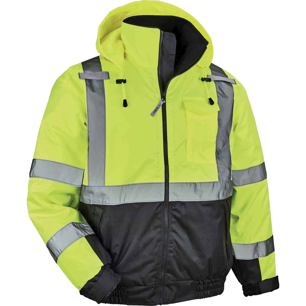 EGO25623 - Made with waterproof, polyester outer shell and PU coating, the 8377 Hi-Vis Thermal Bomber Jacket reliably protects against the elements for dry, all-day comfort. Quilted insulation (160 g) maintains warmth and eliminates extra bulk. Jacket is Type R, Class 3 and 3rd-party-approved for workers in high-traffic areas needing extra visibility with more fluorescent background. The 2" 3M Scotchlite reflective tape on chest and arms heightens visibility in low-light environments. Two outside pockets hold gear such as gloves, pens, notepads and more. Separate chest pocket holds a phone and a dual slot for pens. This jacket securely carries two radios with the stable mic tabs. Zip away the drawstring hood when not using to reduce bulk. Zipper closure provides quick, on/off movement without snagging. Look clean with black panels on front and arms that hide dirt. This high-visibility clothing is perfect for construction, transportation and more.