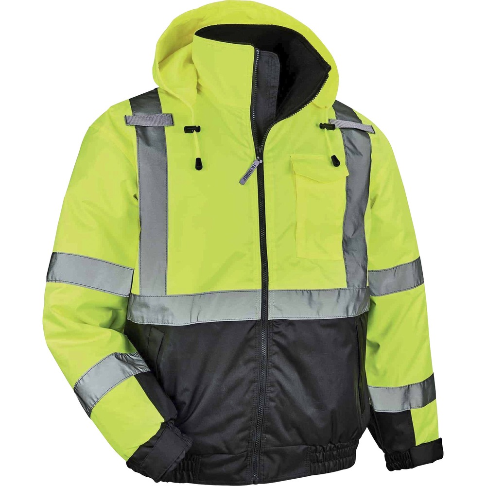 EGO25627 - Made with waterproof, polyester outer shell and PU coating, the 8377 Hi-Vis Thermal Bomber Jacket reliably protects against the elements for dry, all-day comfort. Quilted insulation (160 g) maintains warmth and eliminates extra bulk. Jacket is Type R, Class 3 and 3rd-party-approved for workers in high-traffic areas needing extra visibility with more fluorescent background. The 2" 3M Scotchlite reflective tape on chest and arms heightens visibility in low-light environments. Two outside pockets hold gear such as gloves, pens, notepads and more. Separate chest pocket holds a phone and a dual slot for pens. This jacket securely carries two radios with the stable mic tabs. Zip away the drawstring hood when not using to reduce bulk. Zipper closure provides quick, on/off movement without snagging. Look clean with black panels on front and arms that hide dirt. This high-visibility clothing is perfect for construction, transportation and more.