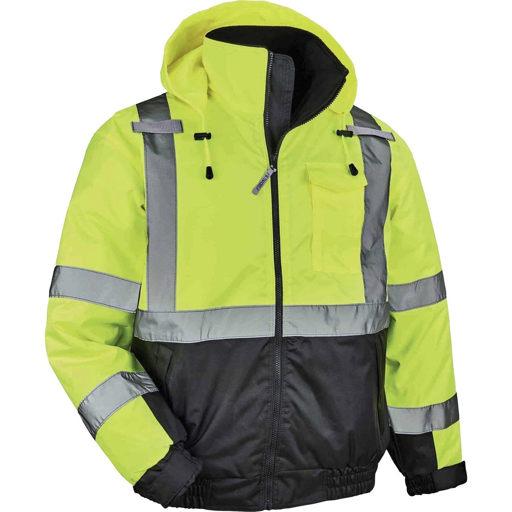 EGO25628 - Made with waterproof, polyester outer shell and PU coating, the 8377 Hi-Vis Thermal Bomber Jacket reliably protects against the elements for dry, all-day comfort. Quilted insulation (160 g) maintains warmth and eliminates extra bulk. Jacket is Type R, Class 3 and 3rd-party-approved for workers in high-traffic areas needing extra visibility with more fluorescent background. The 2" 3M Scotchlite reflective tape on chest and arms heightens visibility in low-light environments. Two outside pockets hold gear such as gloves, pens, notepads and more. Separate chest pocket holds a phone and a dual slot for pens. This jacket securely carries two radios with the stable mic tabs. Zip away the drawstring hood when not using to reduce bulk. Zipper closure provides quick, on/off movement without snagging. Look clean with black panels on front and arms that hide dirt. This high-visibility clothing is perfect for construction, transportation and more.