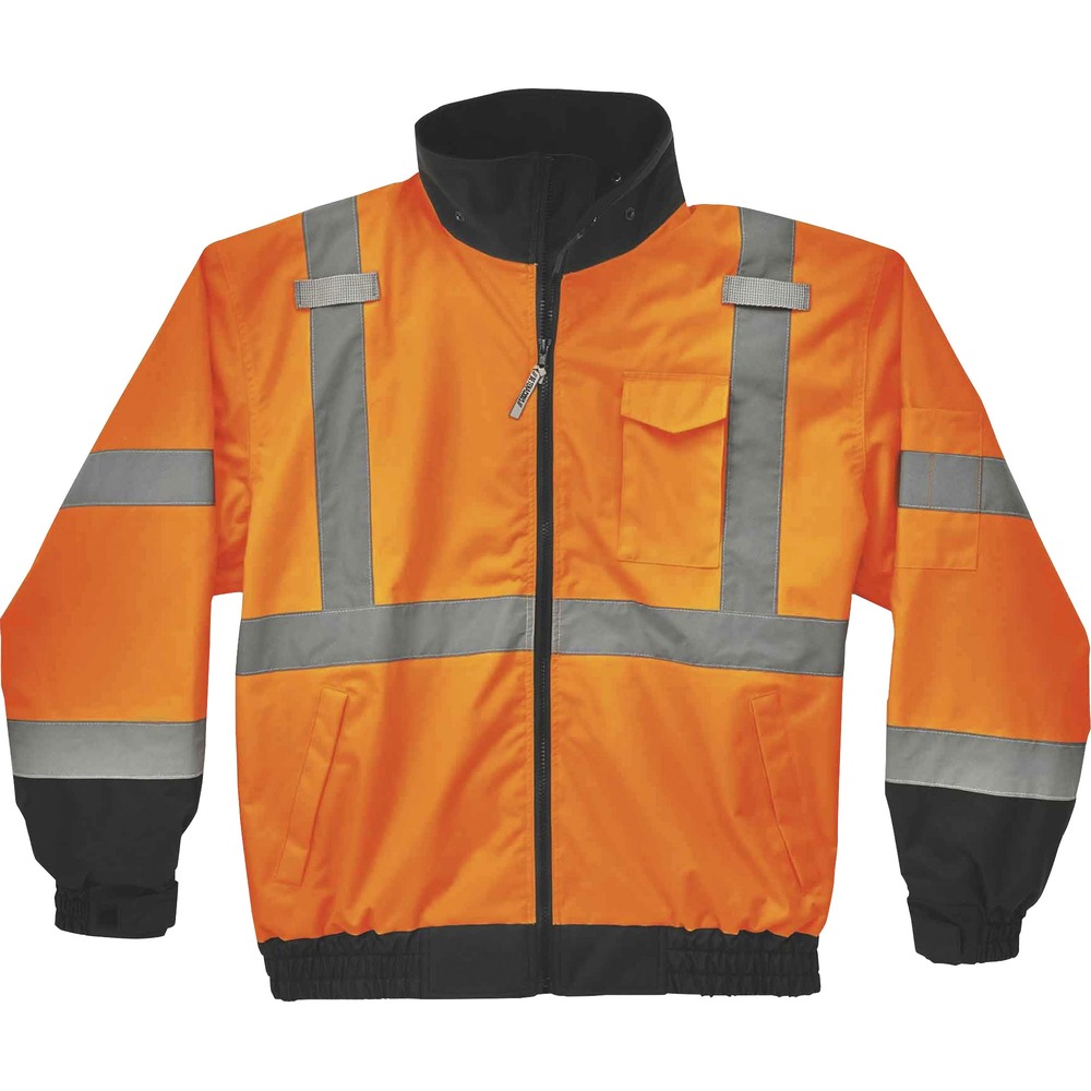 EGO24463 - Wear the 8379 Hi-Vis Fleece-Lined Bomber Jacket in three different ways for the ultimate adaptability in cold weather. It is made with polyester outer shell and PU coating with insulated, microfleece liner (220 g). Wear as a jacket with the fleece liner zipped in, as a fleece jacket on its own or as a water-resistant outer layer with the individual shell. Vest is Type R, Class 3-and 3rd-party-approved for workers in high-traffic areas needing extra visibility with more fluorescent background. The 2" 3M Scotchlite reflective tape on chest and arms heighten visibility at night or in low-light environments. Look clean with black lining and arms that hide dirt. Cuffs feature hook-and-loop straps to seal out the cold and to customize the fit. Tuck away the drawstring hood when not using to avoid bulk. Two external front pockets safely store gloves, phones and other gear. This high-visibility jacket is perfect for those working in construction, transportation and more.