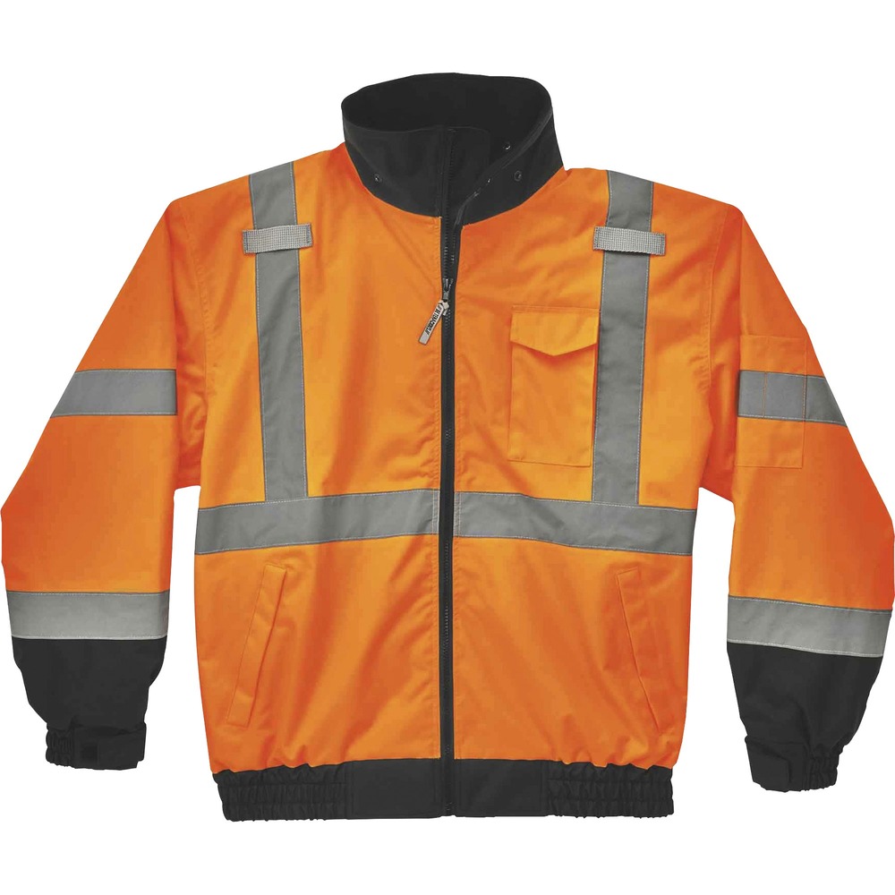 EGO24465 - Wear the 8379 Hi-Vis Fleece-Lined Bomber Jacket in three different ways for the ultimate adaptability in cold weather. It is made with polyester outer shell and PU coating with insulated, microfleece liner (220 g). Wear as a jacket with the fleece liner zipped in, as a fleece jacket on its own or as a water-resistant outer layer with the individual shell. Vest is Type R, Class 3-and 3rd-party-approved for workers in high-traffic areas needing extra visibility with more fluorescent background. The 2" 3M Scotchlite reflective tape on chest and arms heighten visibility at night or in low-light environments. Look clean with black lining and arms that hide dirt. Cuffs feature hook-and-loop straps to seal out the cold and to customize the fit. Tuck away the drawstring hood when not using to avoid bulk. Two external front pockets safely store gloves, phones and other gear. This high-visibility jacket is perfect for those working in construction, transportation and more.