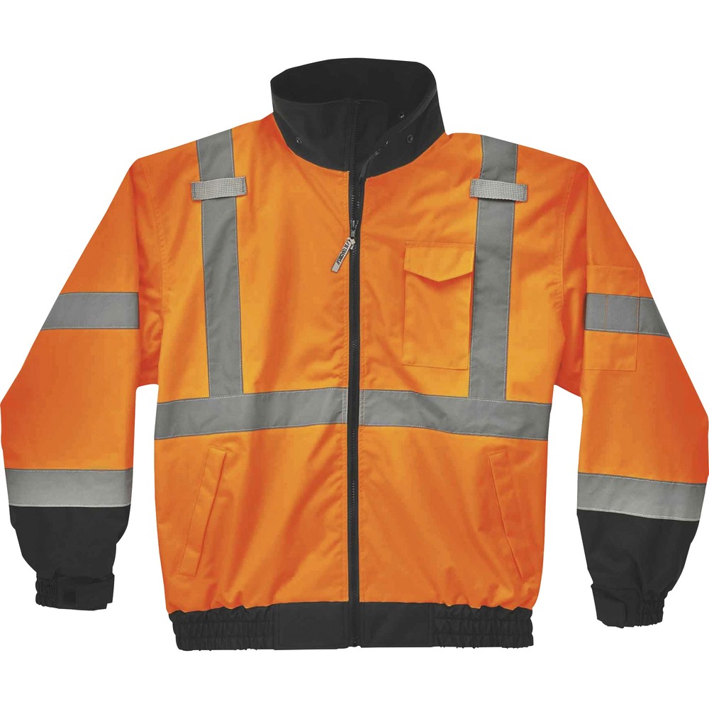 EGO24467 - Wear the 8379 Hi-Vis Fleece-Lined Bomber Jacket in three different ways for the ultimate adaptability in cold weather. It is made with polyester outer shell and PU coating with insulated, microfleece liner (220 g). Wear as a jacket with the fleece liner zipped in, as a fleece jacket on its own or as a water-resistant outer layer with the individual shell. Vest is Type R, Class 3-and 3rd-party-approved for workers in high-traffic areas needing extra visibility with more fluorescent background. The 2" 3M Scotchlite reflective tape on chest and arms heighten visibility at night or in low-light environments. Look clean with black lining and arms that hide dirt. Cuffs feature hook-and-loop straps to seal out the cold and to customize the fit. Tuck away the drawstring hood when not using to avoid bulk. Two external front pockets safely store gloves, phones and other gear. This high-visibility jacket is perfect for those working in construction, transportation and more.