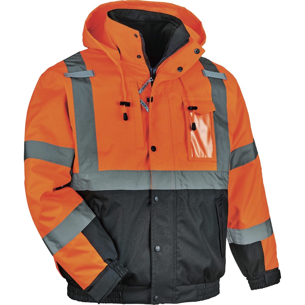 EGO25589 - Made with a fleece body (280 g) and quilted sleeves, wear this 8381 Hi-Vis 4-in-1 Thermal Bomber Jacket in multiple ways for ultimate adaptability in extreme cold. Zip out the liner to wear it as a fleece jacket. Zip off liner sleeves to wear as a vest. Wear the shell on its own as a weatherproof layer or leave the liner zipped into wear as a winter jacket. It is Type R, Class 3-approved for workers in high-traffic areas needing extra visibility. The 2" 3M Scotchlite reflective tape on chest and arms heightens visibility in low-light environments. Look clean with black panels on front and arms that hide dirt. Easily take on or off with zipper closure that doesn't snag. Detach the drawstring hood to minimize bulk. Store gear in the zipper chest pocket for safe-keeping. Combination chest pocket holds a phone and ID badge. Hook radios to the secure mic tabs. Jacket is perfect for construction or transportation workers or even while hiking and snowmobiling.