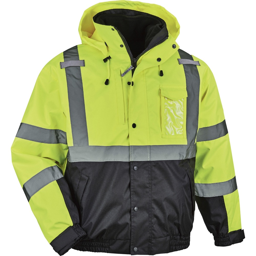 EGO25596 - Made with a fleece body (280 g) and quilted sleeves, wear this 8381 Hi-Vis 4-in-1 Thermal Bomber Jacket in multiple ways for ultimate adaptability in extreme cold. Zip out the liner to wear it as a fleece jacket. Zip off liner sleeves to wear as a vest. Wear the shell on its own as a weatherproof layer or leave the liner zipped into wear as a winter jacket. It is Type R, Class 3-approved for workers in high-traffic areas needing extra visibility. The 2" 3M Scotchlite reflective tape on chest and arms heightens visibility in low-light environments. Look clean with black panels on front and arms that hide dirt. Easily take on or off with zipper closure that doesn't snag. Detach the drawstring hood to minimize bulk. Store gear in the zipper chest pocket for safe-keeping. Combination chest pocket holds a phone and ID badge. Hook radios to the secure mic tabs. Jacket is perfect for construction or transportation workers or even while hiking and snowmobiling.