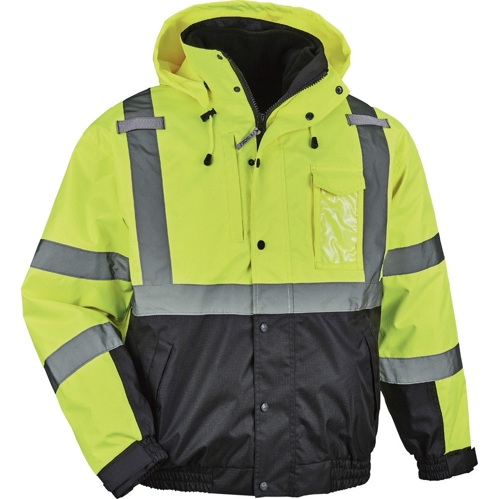 EGO25599 - Made with a fleece body (280 g) and quilted sleeves, wear this 8381 Hi-Vis 4-in-1 Thermal Bomber Jacket in multiple ways for ultimate adaptability in extreme cold. Zip out the liner to wear it as a fleece jacket. Zip off liner sleeves to wear as a vest. Wear the shell on its own as a weatherproof layer or leave the liner zipped into wear as a winter jacket. It is Type R, Class 3-approved for workers in high-traffic areas needing extra visibility. The 2" 3M Scotchlite reflective tape on chest and arms heightens visibility in low-light environments. Look clean with black panels on front and arms that hide dirt. Easily take on or off with zipper closure that doesn't snag. Detach the drawstring hood to minimize bulk. Store gear in the zipper chest pocket for safe-keeping. Combination chest pocket holds a phone and ID badge. Hook radios to the secure mic tabs. Jacket is perfect for construction or transportation workers or even while hiking and snowmobiling.