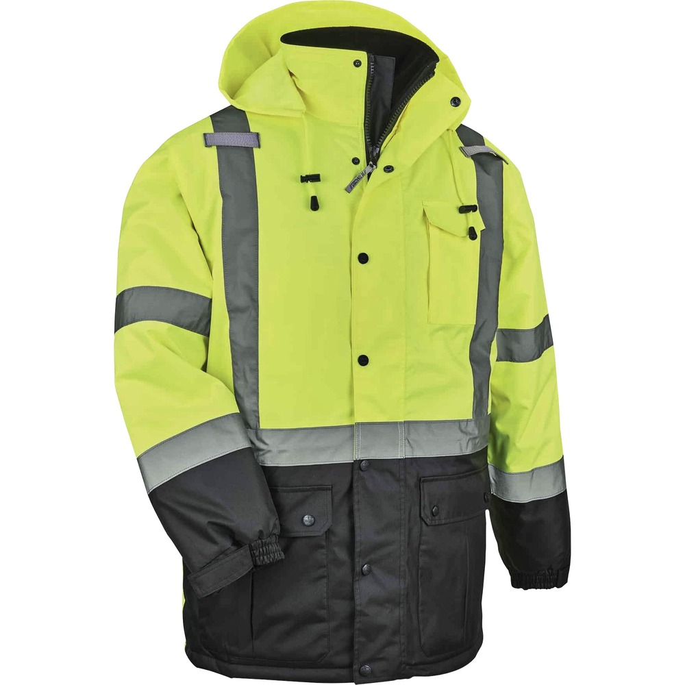 EGO25569 - Made with an insulated, fleece interior (160 g) and quilted sleeves, this 8384 Hi-Vis Thermal Jacket provides warmth and protection from wind and water. It is Type R, Class 3-approved for workers in high-traffic areas needing extra visibility. The 2" 3M Scotchlite reflective tape on chest and arms heightens visibility in low-light environments. Look clean with black panels on front and arms that hide dirt. Easily take on or off with zipper closure without snagging. Use the internal waist cord to keep the jacket fitted to stay warm. Tuck away the drawstring hood when not using to avoid bulk. Cuffs feature hook-and-loop straps to seal out the cold. Store gear in outside, snap-button pockets and a phone in the designated chest pocket. Keep pens in arm pocket and clip radios on the mic tabs. Jacket is perfect for construction or transportation workers, or even for use while hiking and snowmobiling.