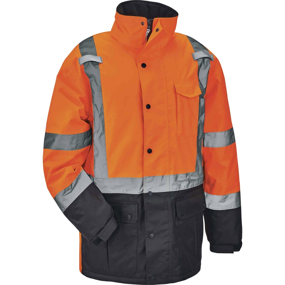 EGO25576 - Made with an insulated, fleece interior (160 g) and quilted sleeves, this 8384 Hi-Vis Thermal Jacket provides warmth and protection from wind and water. It is Type R, Class 3-approved for workers in high-traffic areas needing extra visibility. The 2" 3M Scotchlite reflective tape on chest and arms heightens visibility in low-light environments. Look clean with black panels on front and arms that hide dirt. Easily take on or off with zipper closure without snagging. Use the internal waist cord to keep the jacket fitted to stay warm. Tuck away the drawstring hood when not using to avoid bulk. Cuffs feature hook-and-loop straps to seal out the cold. Store gear in outside, snap-button pockets and a phone in the designated chest pocket. Keep pens in arm pocket and clip radios on the mic tabs. Jacket is perfect for construction or transportation workers, or even for use while hiking and snowmobiling.