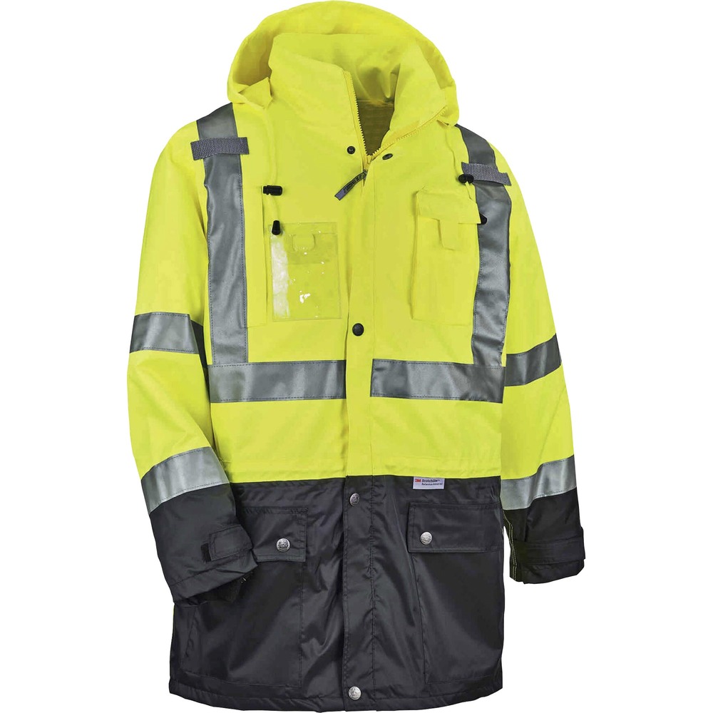 EGO25373 - Made with 300D weatherproof polyester, wear this 8386 Hi-Vis Outer Shell Jacket to stay warm and protected from wind and water. It is Type R, Class 3-approved for workers in high-traffic areas needing extra visibility. The 2" 3M Scotchlite reflective tape on chest and arms heightens visibility in low-light environments. Look clean with black panels on front and arms that hide dirt. Easily take on or off with zipper closure without snagging. Inset hood, featuring a drawstring closure and stoppers, can be tucked away when not needed. Cuffs feature hook-and-loop straps to seal out the cold. Store gear in snap-button pockets and your phone in the designated chest pocket. Outside, zippered chest pocket stows essential items that will not fall out while working. Securely clip radios on the mic tabs. This jacket is perfect for construction or transportation workers or even while hiking and snowmobiling. Pair it with the GloWear 8287 Hi-Vis Thermal Jacket to create a four-in-one jacket.