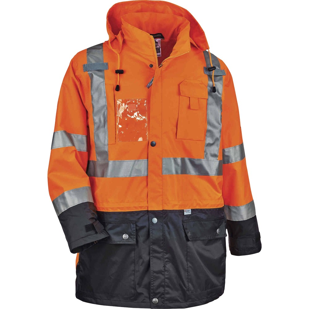 EGO25463 - Made with 300D weatherproof polyester, wear this 8386 Hi-Vis Outer Shell Jacket to stay warm and protected from wind and water. It is Type R, Class 3-approved for workers in high-traffic areas needing extra visibility. The 2" 3M Scotchlite reflective tape on chest and arms heightens visibility in low-light environments. Look clean with black panels on front and arms that hide dirt. Easily take on or off with zipper closure without snagging. Inset hood, featuring a drawstring closure and stoppers, can be tucked away when not needed. Cuffs feature hook-and-loop straps to seal out the cold. Store gear in snap-button pockets and your phone in the designated chest pocket. Outside, zippered chest pocket stows essential items that will not fall out while working. Securely clip radios on the mic tabs. This jacket is perfect for construction or transportation workers or even while hiking and snowmobiling. Pair it with the GloWear 8287 Hi-Vis Thermal Jacket to create a four-in-one jacket.
