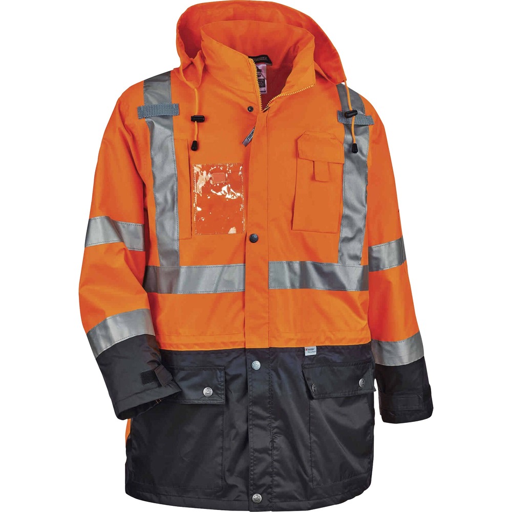 EGO25464 - Made with 300D weatherproof polyester, wear this 8386 Hi-Vis Outer Shell Jacket to stay warm and protected from wind and water. It is Type R, Class 3-approved for workers in high-traffic areas needing extra visibility. The 2" 3M Scotchlite reflective tape on chest and arms heightens visibility in low-light environments. Look clean with black panels on front and arms that hide dirt. Easily take on or off with zipper closure without snagging. Inset hood, featuring a drawstring closure and stoppers, can be tucked away when not needed. Cuffs feature hook-and-loop straps to seal out the cold. Store gear in snap-button pockets and your phone in the designated chest pocket. Outside, zippered chest pocket stows essential items that will not fall out while working. Securely clip radios on the mic tabs. This jacket is perfect for construction or transportation workers or even while hiking and snowmobiling. Pair it with the GloWear 8287 Hi-Vis Thermal Jacket to create a four-in-one jacket.