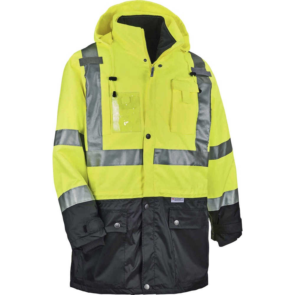 EGO25535 - Made with 300D weatherproof polyester, this 8388 Hi-Vis Thermal Jacket Kit provides warmth and protection from wind and water with its four-in-one option. It is Type R, Class 3-approved for workers in high-traffic areas needing extra visibility. The 2" 3M Scotchlite reflective tape on chest and arms heightens visibility in low-light environments. Unzip inner jacket (100 g) and sleeves to create Class 2 thermal vest. Look clean with black panels and arms that hide dirt. Easily take on or off with YKK No. 5 zipper. Easily tuck away drawstring hood when not needed. Cuffs feature hook-and-loop straps to seal out the cold. Store gear in the outside snap-button pockets and a phone in the designated chest pocket. Outside, zippered chest pocket stows essential items that will not fall out while working. Securely clip radios on the mic tabs for convenient communication. Jacket is perfect for construction or transportation workers or even while hiking and snowmobiling.