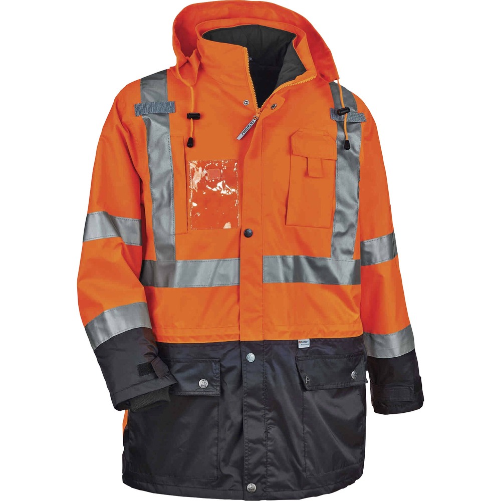 EGO25553 - Made with 300D weatherproof polyester, this 8388 Hi-Vis Thermal Jacket Kit provides warmth and protection from wind and water with its four-in-one option. It is Type R, Class 3-approved for workers in high-traffic areas needing extra visibility. The 2" 3M Scotchlite reflective tape on chest and arms heightens visibility in low-light environments. Unzip inner jacket (100 g) and sleeves to create Class 2 thermal vest. Look clean with black panels and arms that hide dirt. Easily take on or off with YKK No. 5 zipper. Easily tuck away drawstring hood when not needed. Cuffs feature hook-and-loop straps to seal out the cold. Store gear in the outside snap-button pockets and a phone in the designated chest pocket. Outside, zippered chest pocket stows essential items that will not fall out while working. Securely clip radios on the mic tabs for convenient communication. Jacket is perfect for construction or transportation workers or even while hiking and snowmobiling.