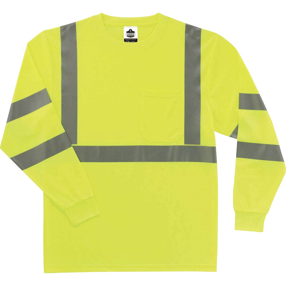 EGO21705 - Made with ANSI-complaint, breathable, polyester knit (4.1 oz), this 8391 Hi-Vis Long Sleeve T-Shirt protects workers in low-light conditions and meets Type R, Class 3 requirements for roadside visibility. Its 2" 3M Scotchlite tape adds an extra layer of protection by reflecting light in poor conditions. Stay cool and dry with moisture-wicking treatment that absorbs sweat for all-day comfort. Avoid UV rays and sun damage with the 30 plus UPF protection element. Store small items for easy access in the outside chest pocket. Arms stay fully covered and protected in long-sleeve style.