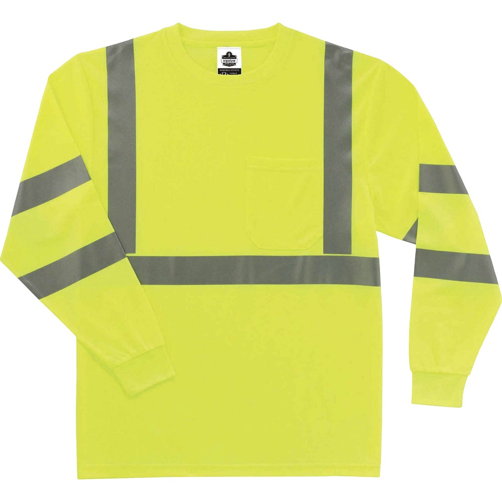 EGO21707 - Made with ANSI-complaint, breathable, polyester knit (4.1 oz), this 8391 Hi-Vis Long Sleeve T-Shirt protects workers in low-light conditions and meets Type R, Class 3 requirements for roadside visibility. Its 2" 3M Scotchlite tape adds an extra layer of protection by reflecting light in poor conditions. Stay cool and dry with moisture-wicking treatment that absorbs sweat for all-day comfort. Avoid UV rays and sun damage with the 30 plus UPF protection element. Store small items for easy access in the outside chest pocket. Arms stay fully covered and protected in long-sleeve style.