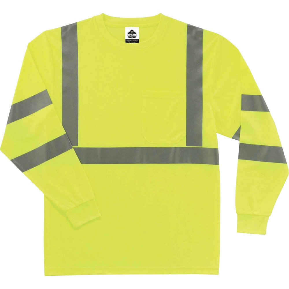 EGO21708 - Made with ANSI-complaint, breathable, polyester knit (4.1 oz), this 8391 Hi-Vis Long Sleeve T-Shirt protects workers in low-light conditions and meets Type R, Class 3 requirements for roadside visibility. Its 2" 3M Scotchlite tape adds an extra layer of protection by reflecting light in poor conditions. Stay cool and dry with moisture-wicking treatment that absorbs sweat for all-day comfort. Avoid UV rays and sun damage with the 30 plus UPF protection element. Store small items for easy access in the outside chest pocket. Arms stay fully covered and protected in long-sleeve style.