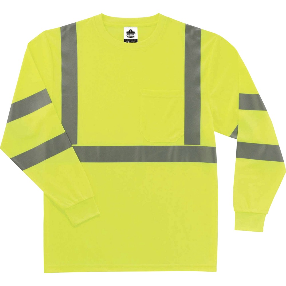 EGO21709 - Made with ANSI-complaint, breathable, polyester knit (4.1 oz), this 8391 Hi-Vis Long Sleeve T-Shirt protects workers in low-light conditions and meets Type R, Class 3 requirements for roadside visibility. Its 2" 3M Scotchlite tape adds an extra layer of protection by reflecting light in poor conditions. Stay cool and dry with moisture-wicking treatment that absorbs sweat for all-day comfort. Avoid UV rays and sun damage with the 30 plus UPF protection element. Store small items for easy access in the outside chest pocket. Arms stay fully covered and protected in long-sleeve style.
