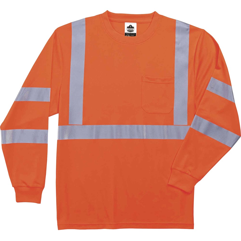 EGO21712 - Made with ANSI-complaint, breathable, polyester knit (4.1 oz), this 8391 Hi-Vis Long Sleeve T-Shirt protects workers in low-light conditions and meets Type R, Class 3 requirements for roadside visibility. Its 2" 3M Scotchlite tape adds an extra layer of protection by reflecting light in poor conditions. Stay cool and dry with moisture-wicking treatment that absorbs sweat for all-day comfort. Avoid UV rays and sun damage with the 30 plus UPF protection element. Store small items for easy access in the outside chest pocket. Arms stay fully covered and protected in long-sleeve style.