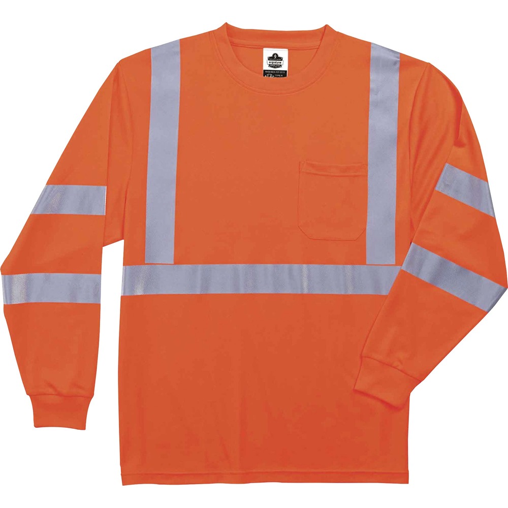 EGO21718 - Made with ANSI-complaint, breathable, polyester knit (4.1 oz), this 8391 Hi-Vis Long Sleeve T-Shirt protects workers in low-light conditions and meets Type R, Class 3 requirements for roadside visibility. Its 2" 3M Scotchlite tape adds an extra layer of protection by reflecting light in poor conditions. Stay cool and dry with moisture-wicking treatment that absorbs sweat for all-day comfort. Avoid UV rays and sun damage with the 30 plus UPF protection element. Store small items for easy access in the outside chest pocket. Arms stay fully covered and protected in long-sleeve style.