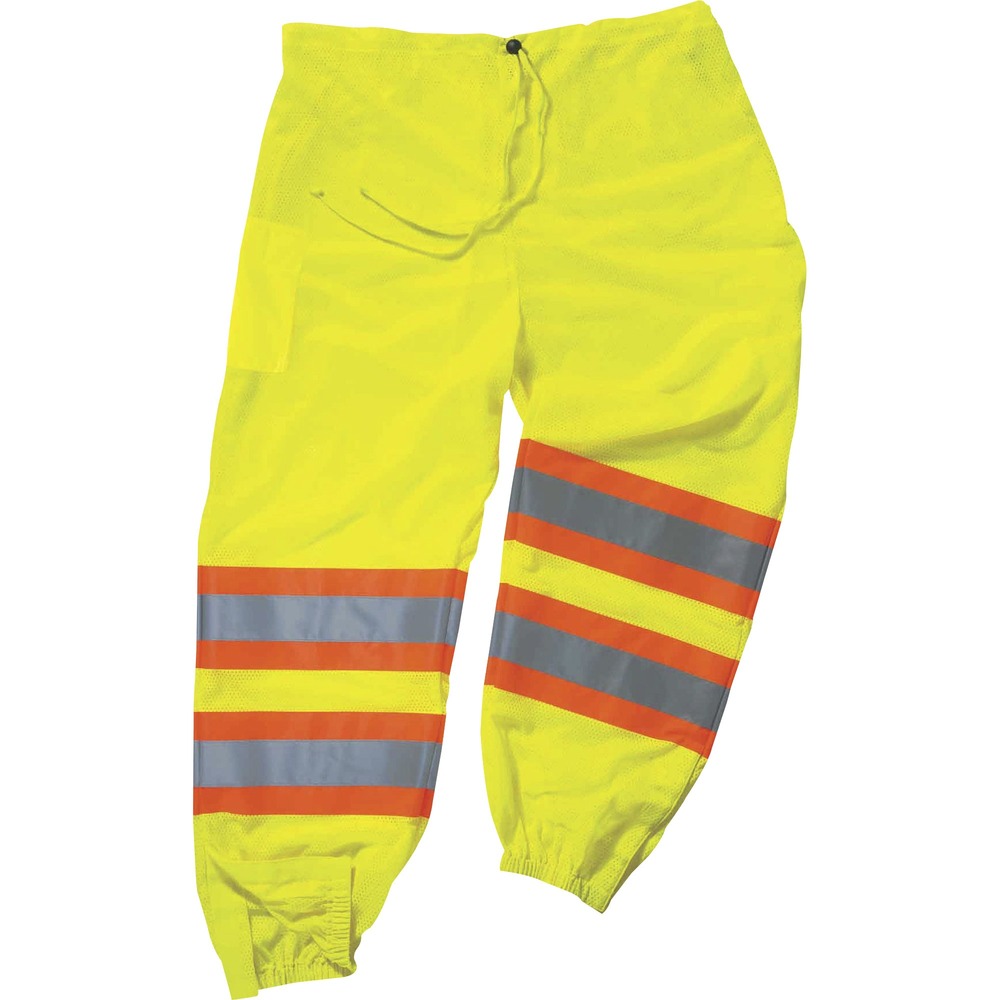 EGO22963 - Made with ANSI-complaint, breathable, polyester mesh (3.3 oz), these 8911 Hi-Vis Two-Tone Pants protect workers in low-light conditions and meet Class E requirements for high visibility. Its 2" protective tape adds an extra layer of protection by reflecting light in poor conditions. Contrasting, fluorescent, 4-1/2" sections with reflective tape further enhance visibility. Tape reflects light in poor conditions and at night while the contrasting orange and yellow fluorescent colors heighten visibility. Securely wear pants with the drawstring waist that creates formfitting comfort. Wide leg openings provide plenty of room and do not hinder mobility when working. These pants are easy to take on and off with the hook-and-loop closures. Store tools in right cargo pocket for quick access. They are great for flagging crews, utility crews, road construction, railway workers and more.