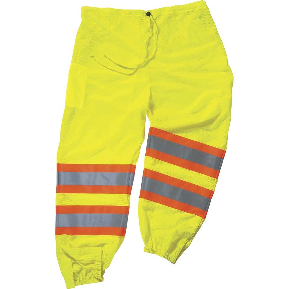 EGO22969 - Made with ANSI-complaint, breathable, polyester mesh (3.3 oz), these 8911 Hi-Vis Two-Tone Pants protect workers in low-light conditions and meet Class E requirements for high visibility. Its 2" protective tape adds an extra layer of protection by reflecting light in poor conditions. Contrasting, fluorescent, 4-1/2" sections with reflective tape further enhance visibility. Tape reflects light in poor conditions and at night while the contrasting orange and yellow fluorescent colors heighten visibility. Securely wear pants with the drawstring waist that creates formfitting comfort. Wide leg openings provide plenty of room and do not hinder mobility when working. These pants are easy to take on and off with the hook-and-loop closures. Store tools in right cargo pocket for quick access. They are great for flagging crews, utility crews, road construction, railway workers and more.