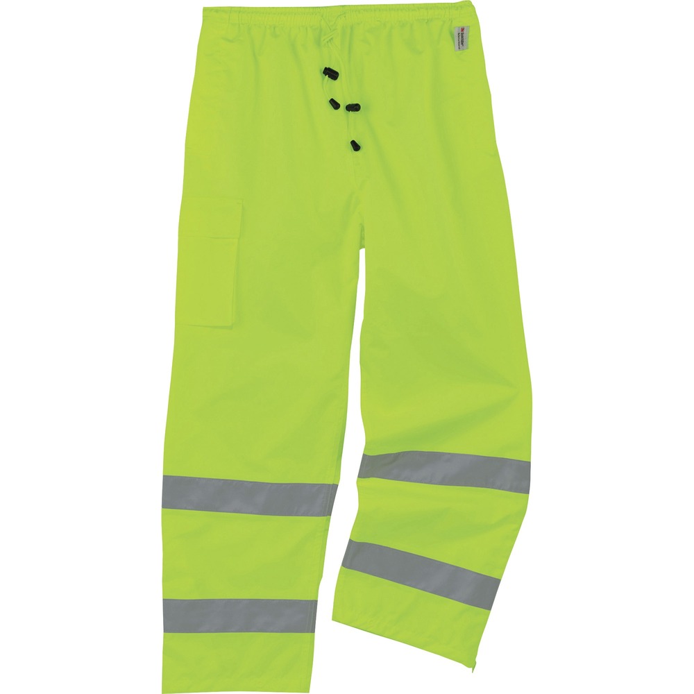 EGO24429 - 8915 Hi-Vis Rain Pants offer waterproof, breathable protection against wet conditions and are Class E-approved for visibility in low-light conditions. Wear pants alone or over a base layer thanks to the comfortable, elastic waistband. Pant legs have zip openings to easily fit over boots. They are built for demanding conditions and are made with durable, 300D polyester oxford material with a breathable, polyurethane (PU) coating. Moisture escapes while coating seals out the rain to keep you cool and comfortable. Stow small items in right cargo pocket for safe-keeping. The ANSI-compliant, high-visibility polyester and 2" 3M Scotchlite reflective tape keep workers highly visible at night or in low-light conditions. They are great for flagging crews, utility crews, road construction, railway workers and more.