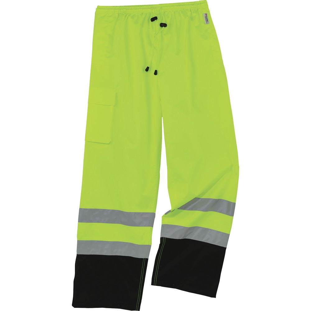 EGO25424 - 8915BK Hi-Vis Black Bottom Rain Pants offer waterproof, breathable protection against wet conditions and are Class E-approved for visibility in low-light conditions. Wear pants alone or over a base layer thanks to the comfortable, elastic waistband. Pant legs have zip openings to easily fit over boots. They are built for demanding conditions and are made with durable, 300D polyester oxford material with a breathable, polyurethane (PU) coating. Moisture escapes while coating seals out the rain to keep you cool and comfortable. Look clean with black panels that hide dirt. Stow small items in right cargo pocket for safe-keeping. The ANSI-compliant, high-visibility polyester and 2" 3M Scotchlite reflective tape keep workers highly visible at night or in low-light conditions. They are great for flagging crews, utility crews, road construction, railway workers and more.