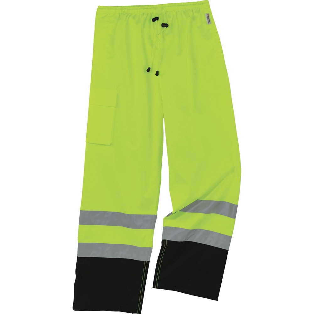 EGO25429 - 8915BK Hi-Vis Black Bottom Rain Pants offer waterproof, breathable protection against wet conditions and are Class E-approved for visibility in low-light conditions. Wear pants alone or over a base layer thanks to the comfortable, elastic waistband. Pant legs have zip openings to easily fit over boots. They are built for demanding conditions and are made with durable, 300D polyester oxford material with a breathable, polyurethane (PU) coating. Moisture escapes while coating seals out the rain to keep you cool and comfortable. Look clean with black panels that hide dirt. Stow small items in right cargo pocket for safe-keeping. The ANSI-compliant, high-visibility polyester and 2" 3M Scotchlite reflective tape keep workers highly visible at night or in low-light conditions. They are great for flagging crews, utility crews, road construction, railway workers and more.