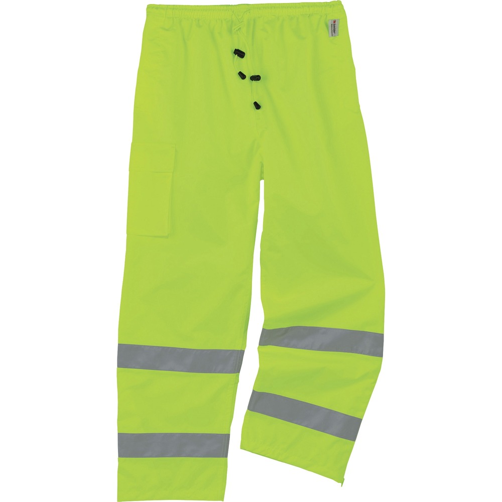 EGO24422 - 8915 Hi-Vis Rain Pants offer waterproof, breathable protection against wet conditions and are Class E-approved for visibility in low-light conditions. Wear pants alone or over a base layer thanks to the comfortable, elastic waistband. Pant legs have zip openings to easily fit over boots. They are built for demanding conditions and are made with durable, 300D polyester oxford material with a breathable, polyurethane (PU) coating. Moisture escapes while coating seals out the rain to keep you cool and comfortable. Stow small items in right cargo pocket for safe-keeping. The ANSI-compliant, high-visibility polyester and 2" 3M Scotchlite reflective tape keep workers highly visible at night or in low-light conditions. They are great for flagging crews, utility crews, road construction, railway workers and more.
