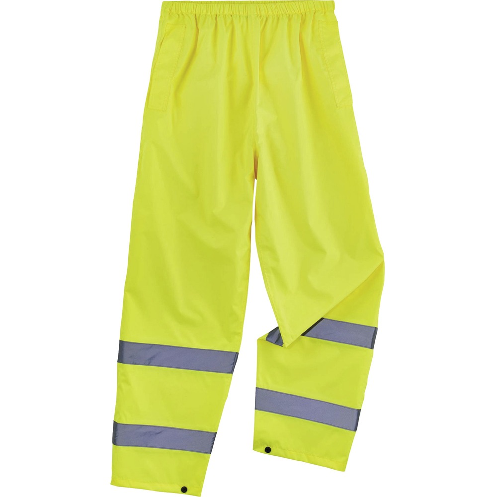 EGO25342 - 8916 Lightweight Hi-Vis Rain Pants offer protection against wet conditions while ensuring safety. Wear pants alone or over a base layer thanks to the comfortable, elastic waistband. Pant legs have snap cuffs to easily fit over boots and keep the wind out. Pants are built for demanding conditions and are made with rugged yet lightweight, waterproof materials (150D polyester oxford material and polyurethane coating). Seams are fully taped for reliable protection in harshest weather conditions. The ANSI/ISEA 107-compliant, polyester fabric and 2" reflective tape keep workers highly visible in low-light conditions. For a complete set of high-visibility rain gear, add the GloWear 8366 Lightweight Hi-Vis Rain Jacket to meet Class E standard for visibility and safety. Rain pants are great for flagging crews, utility crews, road construction, railway workers and more.