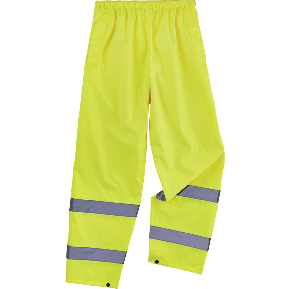 EGO25344 - 8916 Lightweight Hi-Vis Rain Pants offer protection against wet conditions while ensuring safety. Wear pants alone or over a base layer thanks to the comfortable, elastic waistband. Pant legs have snap cuffs to easily fit over boots and keep the wind out. Pants are built for demanding conditions and are made with rugged yet lightweight, waterproof materials (150D polyester oxford material and polyurethane coating). Seams are fully taped for reliable protection in harshest weather conditions. The ANSI/ISEA 107-compliant, polyester fabric and 2" reflective tape keep workers highly visible in low-light conditions. For a complete set of high-visibility rain gear, add the GloWear 8366 Lightweight Hi-Vis Rain Jacket to meet Class E standard for visibility and safety. Rain pants are great for flagging crews, utility crews, road construction, railway workers and more.