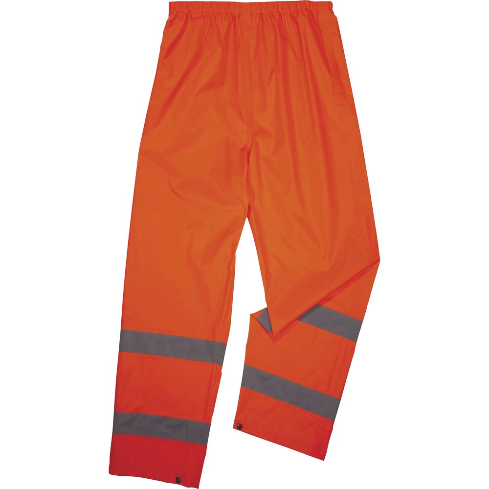 EGO25449 - 8916 Lightweight Hi-Vis Rain Pants offer protection against wet conditions while ensuring safety. Wear pants alone or over a base layer thanks to the comfortable, elastic waistband. Pant legs have snap cuffs to easily fit over boots and keep the wind out. Pants are built for demanding conditions and are made with rugged yet lightweight, waterproof materials (150D polyester oxford material and polyurethane coating). Seams are fully taped for reliable protection in harshest weather conditions. The ANSI/ISEA 107-compliant, polyester fabric and 2" reflective tape keep workers highly visible in low-light conditions. For a complete set of high-visibility rain gear, add the GloWear 8366 Lightweight Hi-Vis Rain Jacket to meet Class E standard for visibility and safety. Rain pants are great for flagging crews, utility crews, road construction, railway workers and more.