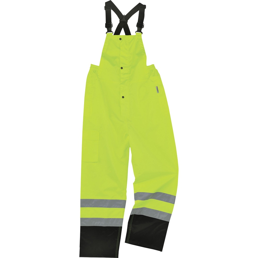 EGO25012 - 8919BK Hi-Vis Black Bottom Rain Bibs offer waterproof, breathable protection against wet conditions. Overalls have a customized fit with adjustable, elastic suspenders that stay in place throughout your work day. Pant legs have zip openings to easily fit over boots. Made with durable, 300D polyester oxford material with a breathable, polyurethane (PU) coating, bibs are built to outlast demanding conditions. Coating helps moisture escape while sealing out the rain to keep you cool and comfortable. Look clean and professional with black panels that hide wear and tear or dirt. Stow small items in right cargo pocket for safe-keeping. The ANSI-compliant, Class E-approved polyester fabric and 3M Scotchlite 2" reflective tape keep workers highly visible in low-light conditions. Overalls are great for flagging crews, utility crews, road construction, railway workers and more.