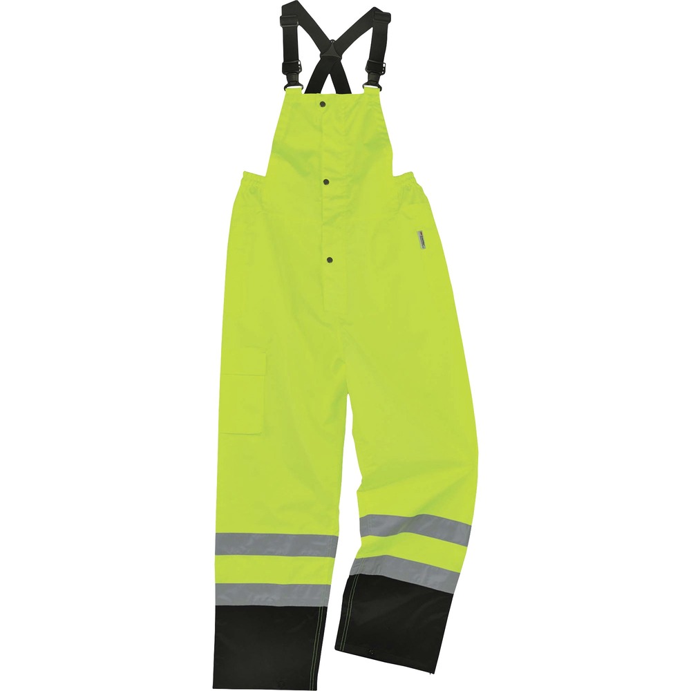EGO25014 - 8919BK Hi-Vis Black Bottom Rain Bibs offer waterproof, breathable protection against wet conditions. Overalls have a customized fit with adjustable, elastic suspenders that stay in place throughout your work day. Pant legs have zip openings to easily fit over boots. Made with durable, 300D polyester oxford material with a breathable, polyurethane (PU) coating, bibs are built to outlast demanding conditions. Coating helps moisture escape while sealing out the rain to keep you cool and comfortable. Look clean and professional with black panels that hide wear and tear or dirt. Stow small items in right cargo pocket for safe-keeping. The ANSI-compliant, Class E-approved polyester fabric and 3M Scotchlite 2" reflective tape keep workers highly visible in low-light conditions. Overalls are great for flagging crews, utility crews, road construction, railway workers and more.