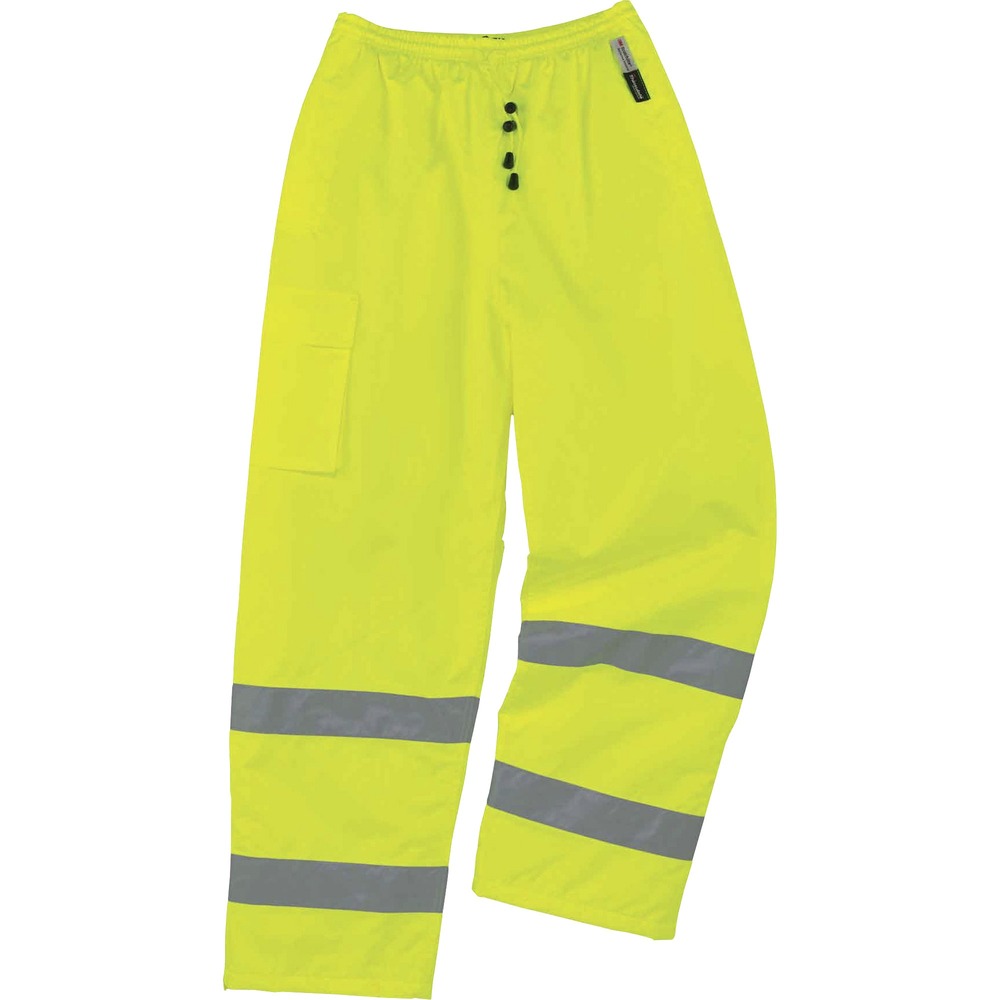 EGO24452 - 8925 Hi-Vis Thermal Pants offer waterproof, breathable protection against wet conditions and meet Class E standard for visibility. Wear pants alone or over a base layer thanks to the comfortable, elastic, drawstring waist. Pant legs have zip openings to easily fit over boots. Made with durable, 100 percent, polyester material with a breathable, polyurethane (PU) coating, they are made to outlast rough conditions. Moisture escapes while coating seals out the rain to keep you cool and comfortable. 3M Thinsulate lining (80 g) provides comfort and insulation to keep you warm in harsh weather. ANSI-compliant, high-visibility polyester and 3M Scotchlite 2" reflective tape keep workers highly visible in low-light conditions. Stow small items in right cargo pocket for easy access. These pants are great for flagging crews, utility crews, road construction, railway workers and more.