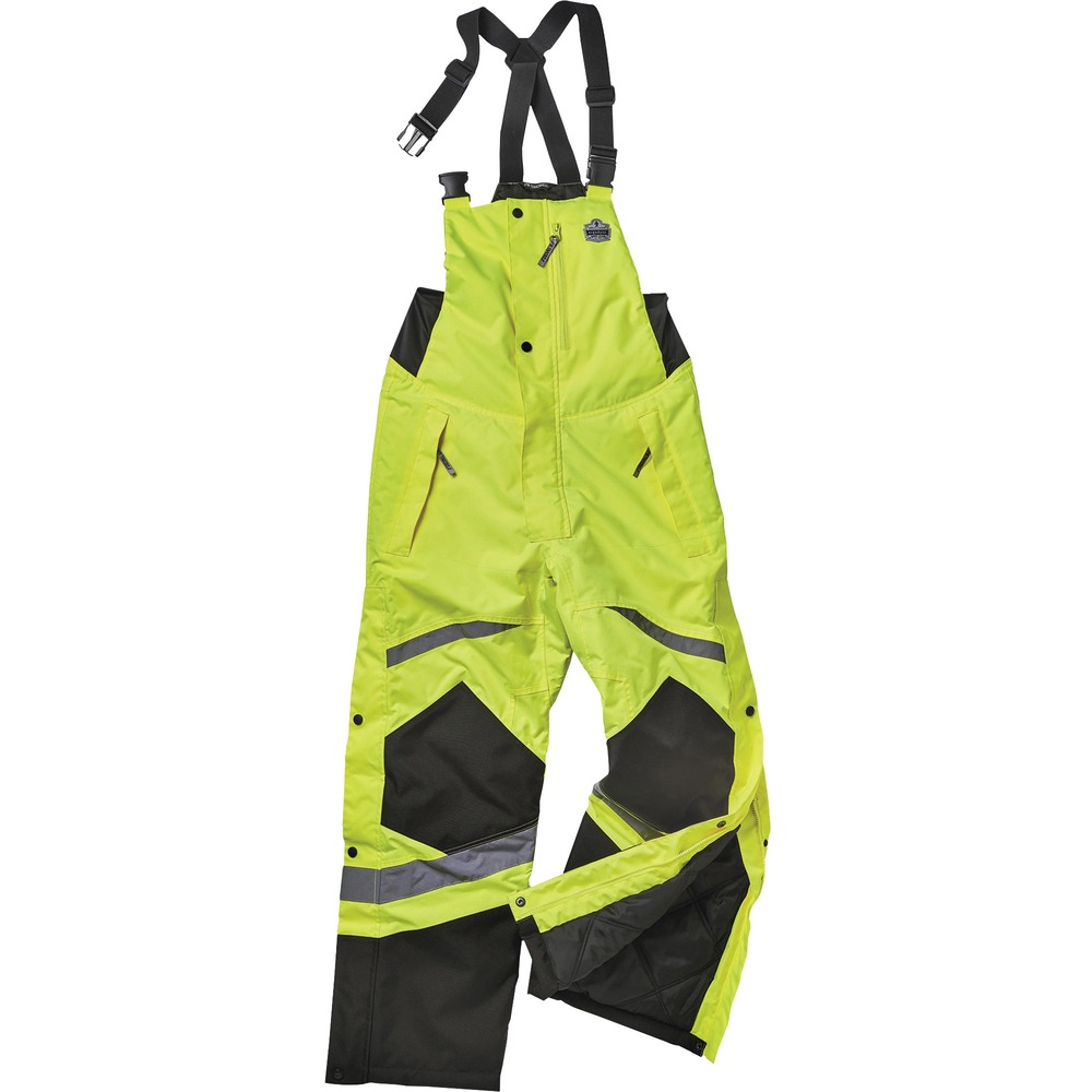 EGO25522 - 8928 Hi-Vis Insulated Bibs provide ANSI/ISEA 107-2020 compliant warmth and durability in the toughest conditions. Windproof, water-resistant, 300D polyester oxford with PU coating protects you from the elements without compromising breathability or comfort. Rugged, scuff-resistant knee patches and dirt-hiding black accents provide long-lasting durability. Heavy-duty zipper closure, quick-release suspender buckles, comfortable elastic stretch sides and zippered pant legs allow easy on/off without removing your boots. Adjustable suspenders provide a customized fit for every body type. One chest pocket and two side pockets feature zipper closures for added security. Reflective tape meets ANSI/ISEA Class E standard for visibility and keeps workers seen in low-light conditions. Bibs are great for those working in road construction, transportation, baggage handling, municipalities or around moving vehicles.