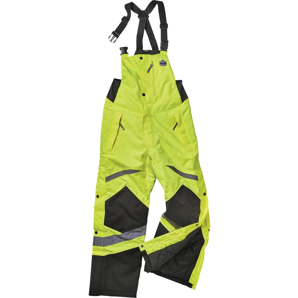 EGO25526 - 8928 Hi-Vis Insulated Bibs provide ANSI/ISEA 107-2020 compliant warmth and durability in the toughest conditions. Windproof, water-resistant, 300D polyester oxford with PU coating protects you from the elements without compromising breathability or comfort. Rugged, scuff-resistant knee patches and dirt-hiding black accents provide long-lasting durability. Heavy-duty zipper closure, quick-release suspender buckles, comfortable elastic stretch sides and zippered pant legs allow easy on/off without removing your boots. Adjustable suspenders provide a customized fit for every body type. One chest pocket and two side pockets feature zipper closures for added security. Reflective tape meets ANSI/ISEA Class E standard for visibility and keeps workers seen in low-light conditions. Bibs are great for those working in road construction, transportation, baggage handling, municipalities or around moving vehicles.