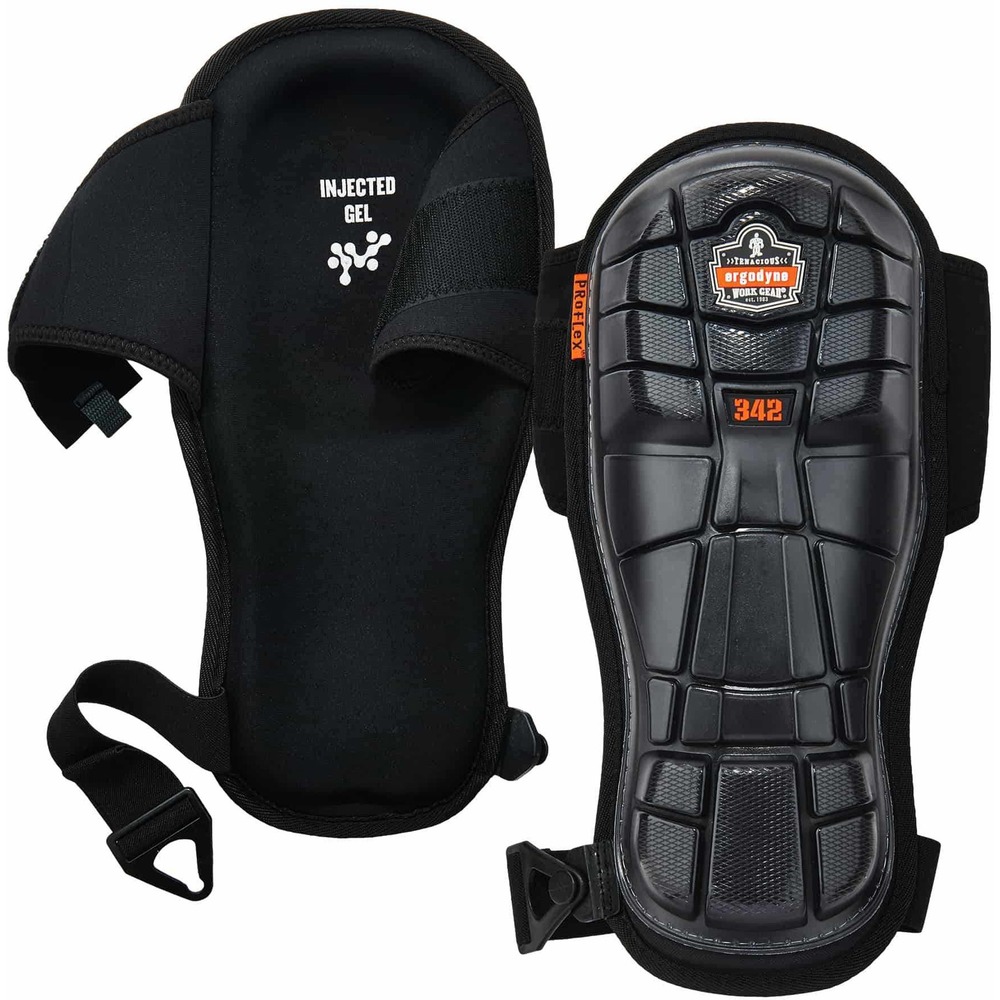 EGO18442 - The 342 Extra Long Cap Gel Injected Knee Pads protect your knees and shins from scrapes, bruises and minor injuries while working. Extra-long cap maximizes protection and enhances stability to prevent wobbliness on knees. Pads are cushioned with injected gel and polyurethane foam for all-day comfort. Rubber cap grips surfaces to prevent constant slipping on the job. Top neoprene strap has breathable, perforated holes to provide airflow and minimize sweat behind your knees. Pads stay in place with hook-and-loop closure to prevent pads from constantly sliding around. Elastic bottom strap with locking buckle is easily adjustable for a custom fit. Made with stretchable neoprene, the straps are comfortable and conform to your knees for extra support. Knee pads are perfect for workers in construction, HVAC, flooring, landscaping and more.