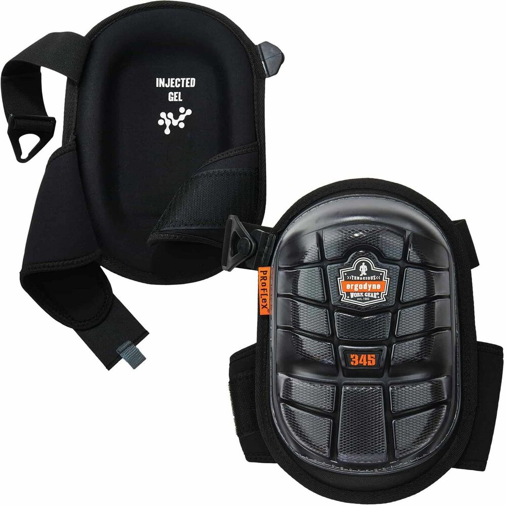 EGO18445 - The 345 Long Cap Gel Injected Knee Pads protect your knees from scrapes, bruises and minor injuries while working. Long cap maximizes protection and enhances stability to prevent wobbliness on knees. Pads are cushioned with injected gel and polyurethane foam for all-day comfort. Rubber cap grips surfaces to prevent constant slipping on the job. Bottom neoprene strap has breathable, perforated holes to provide airflow and minimize sweat behind your knees. Pads stay in place with hook-and-loop closure to prevent pads from constantly sliding around. Elastic top strap with locking buckle is easily adjustable for a custom fit. Made with stretchable neoprene, the straps are comfortable and conform to your knees for extra support. Knee pads are perfect for workers in construction, HVAC, flooring, landscaping and more.